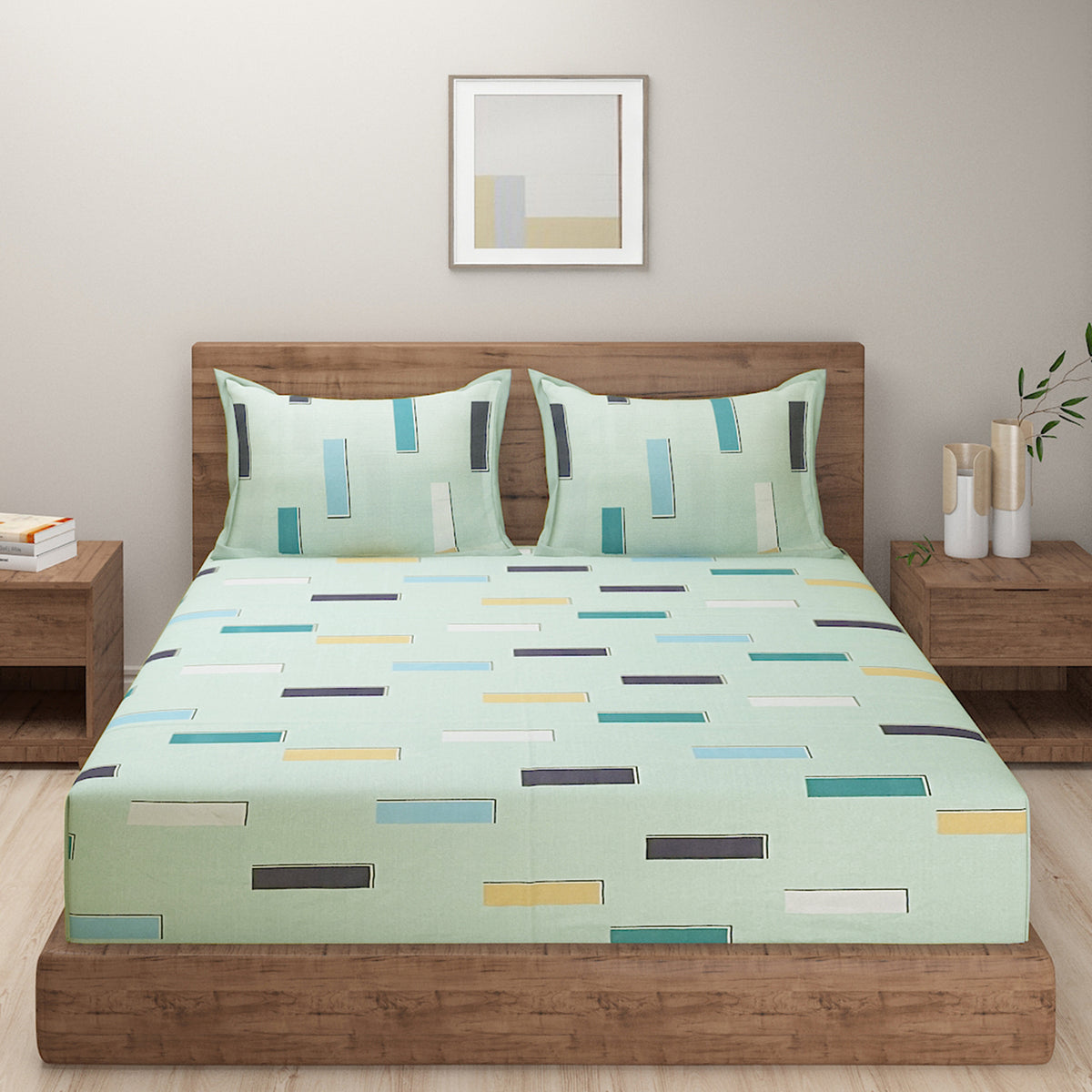 Mint Metro Blocks 180 TC Blended Cotton Bedsheet Set with Pillow Cover