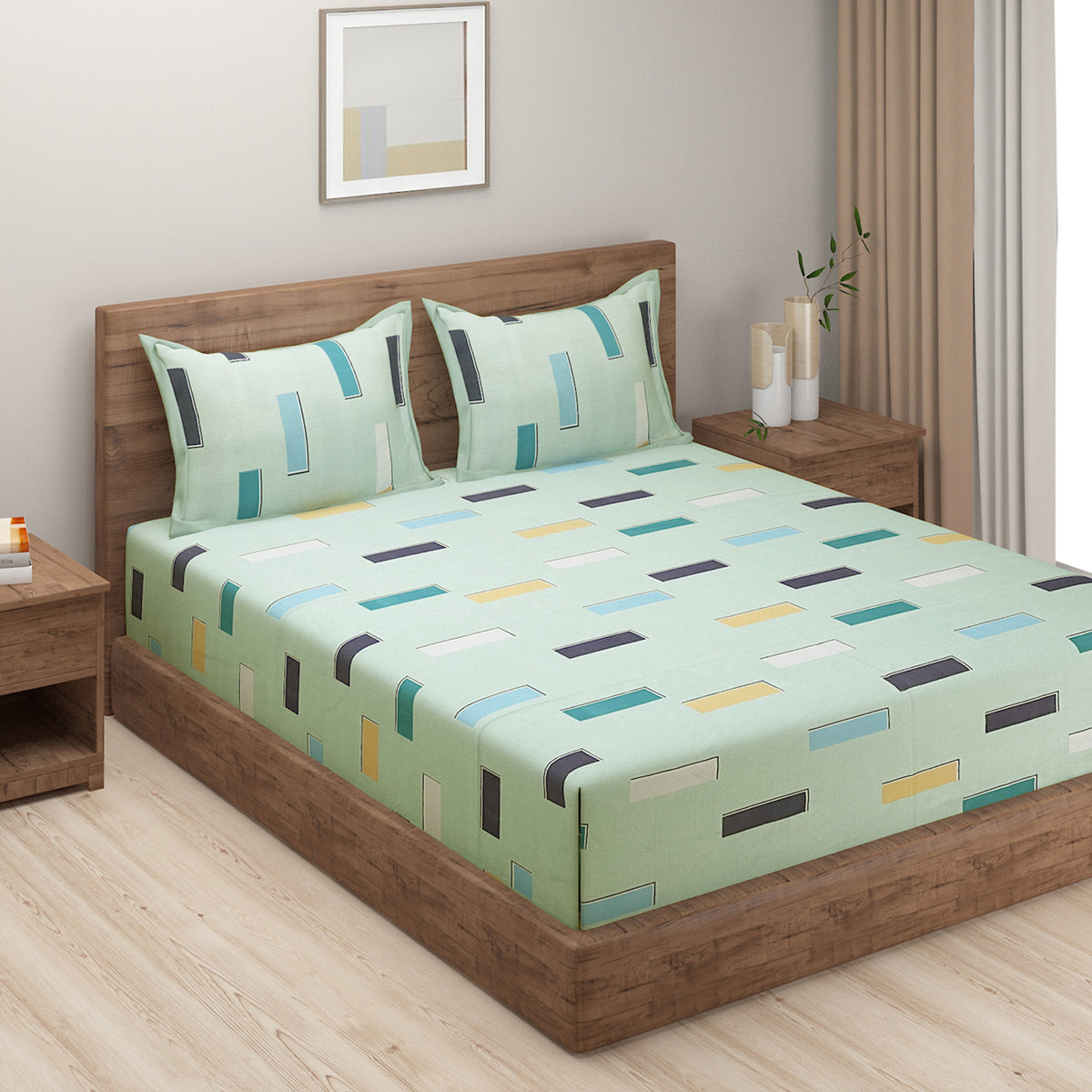 Mint Metro Blocks 180 TC Blended Cotton Bedsheet Set with Pillow Cover