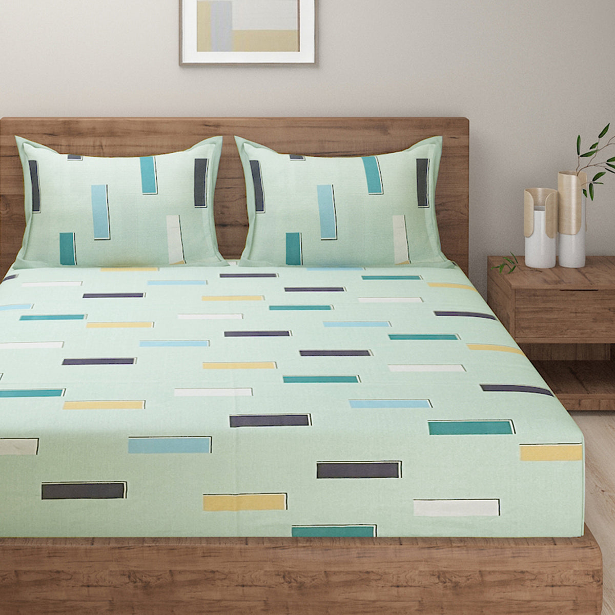 Mint Metro Blocks 180 TC Blended Cotton Bedsheet Set with Pillow Cover