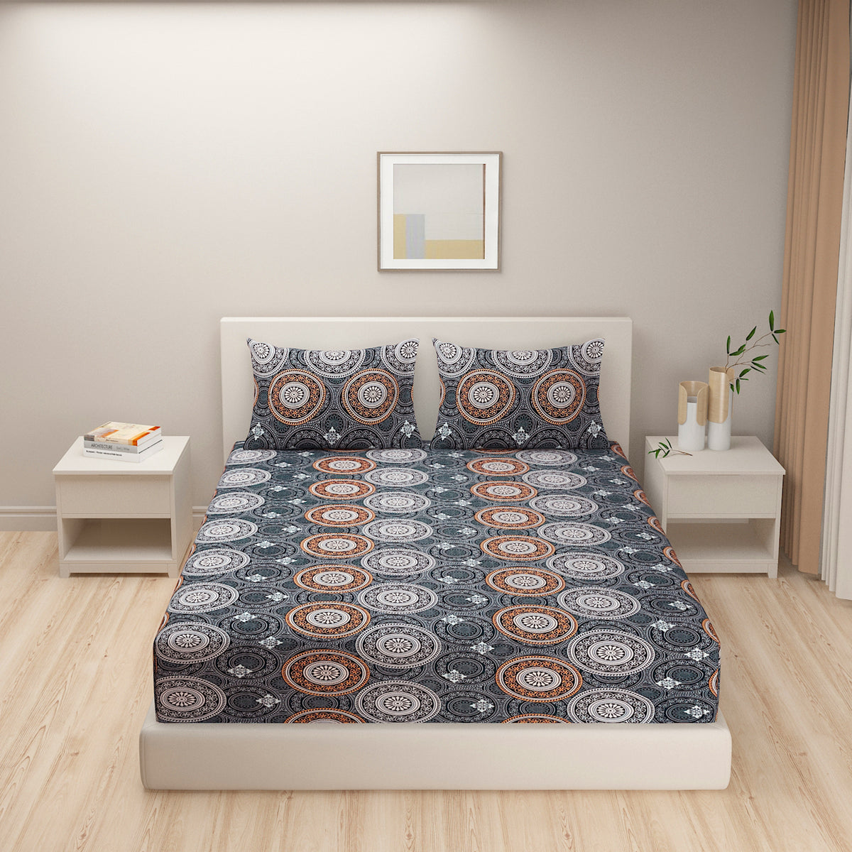 Charcoal Mandala 180 TC Blended Cotton Bedsheet Set with Pillow Cover