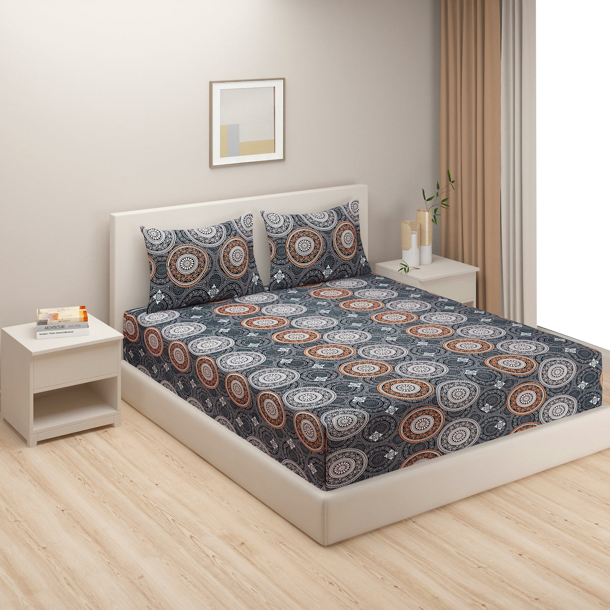 Charcoal Mandala 180 TC Blended Cotton Bedsheet Set with Pillow Cover