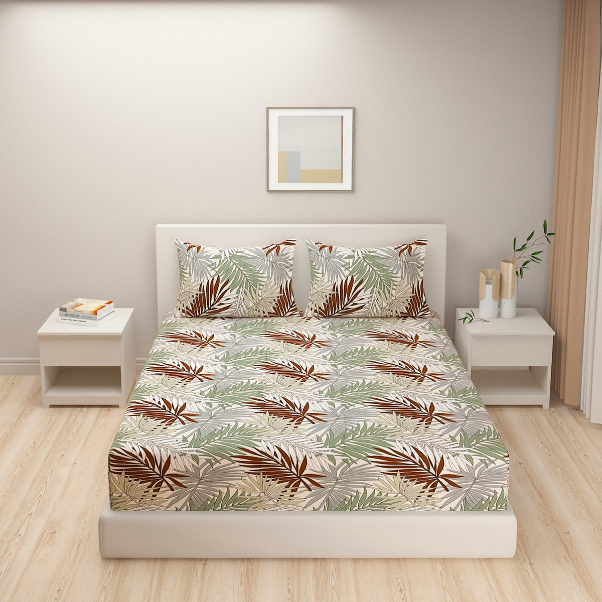Autumn Palm Retreat 180 TC Blended Cotton Bedsheet Set with Pillow Cover