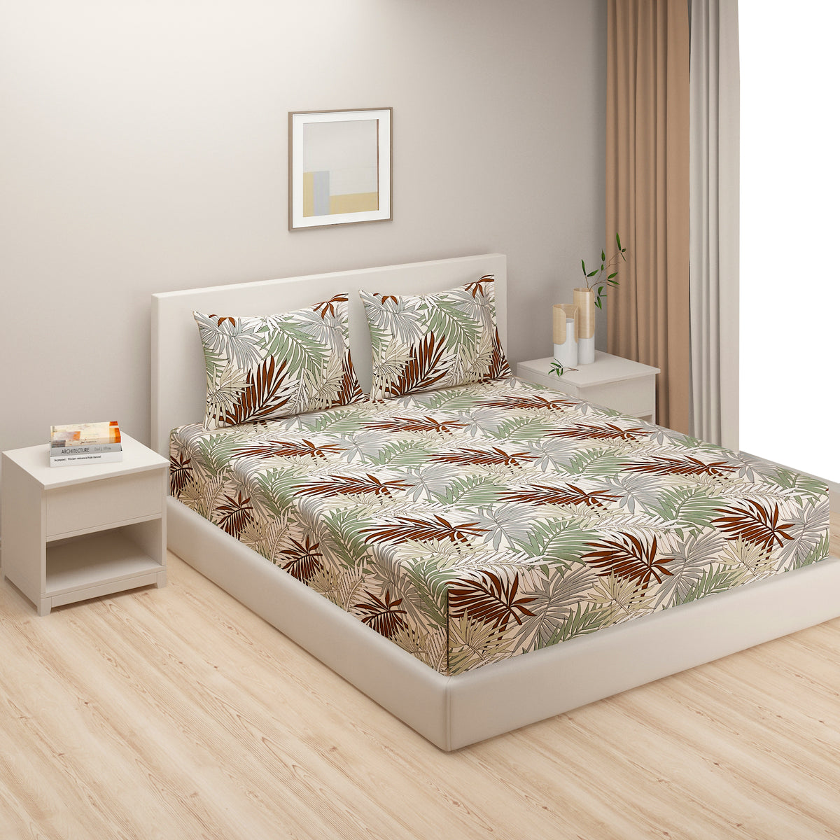 Autumn Palm Retreat 180 TC Blended Cotton Bedsheet Set with Pillow Cover