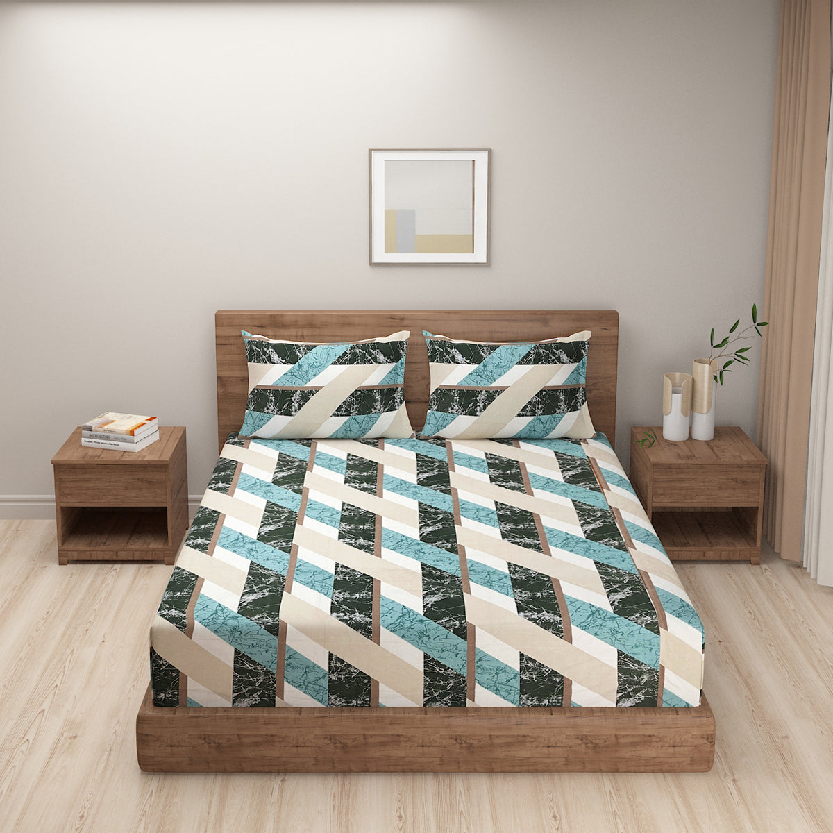 Aqua Marble Weave 180 TC Blended Cotton Bedsheet Set with Pillow Cover