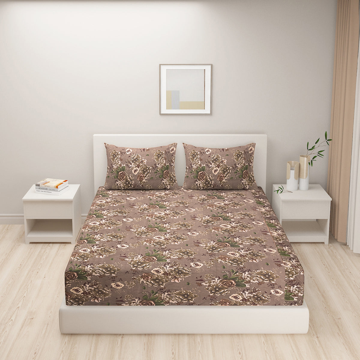 Mocha Vintage Bloom 180 TC Blended Cotton Bedsheet Set with Pillow Cover