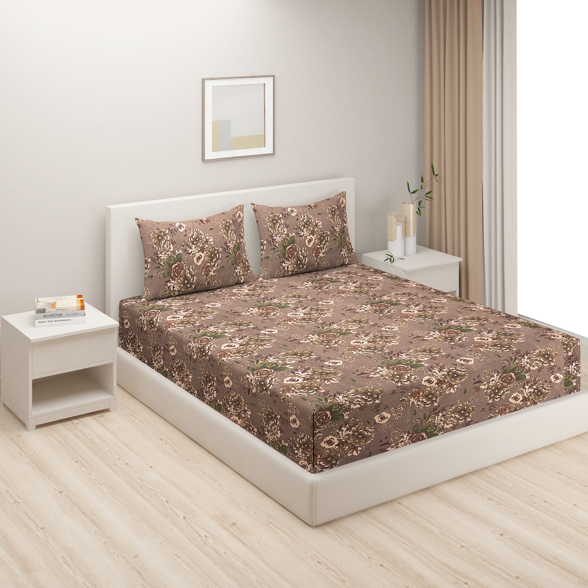 Mocha Vintage Bloom 180 TC Blended Cotton Bedsheet Set with Pillow Cover