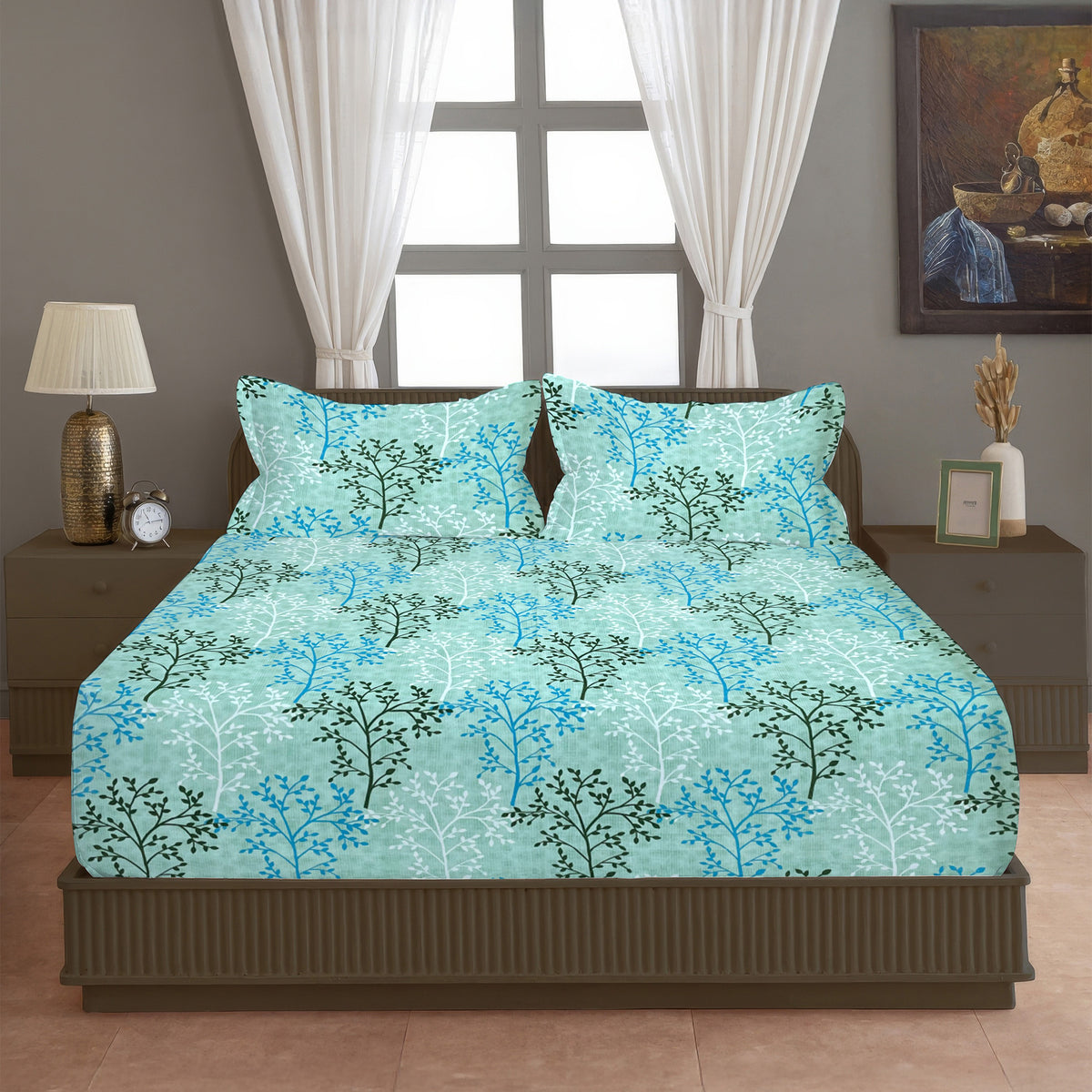 Mint Woodland 180 TC Blended Cotton Bedsheet Set with Pillow Cover