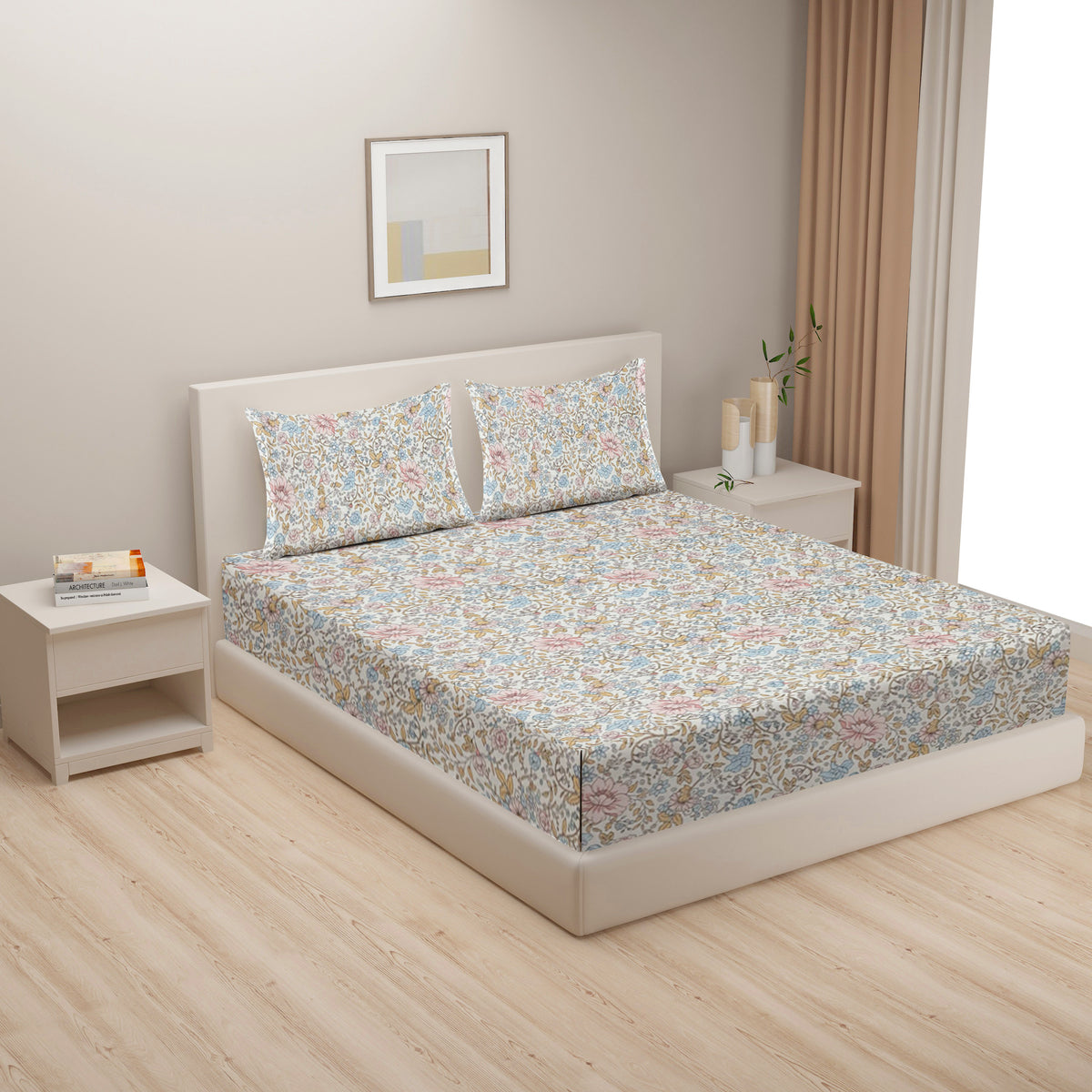 Ivory Pastel Meadow 200 TC Rich Cotton Bedsheet Set with Pillow Cover