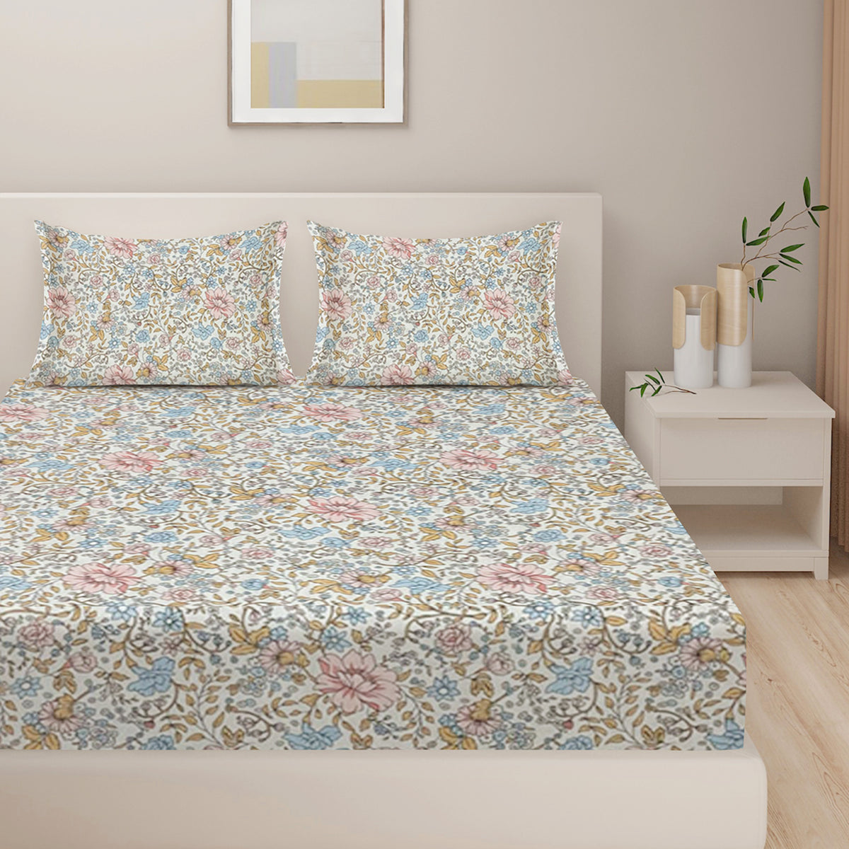 Ivory Pastel Meadow 200 TC Rich Cotton Bedsheet Set with Pillow Cover