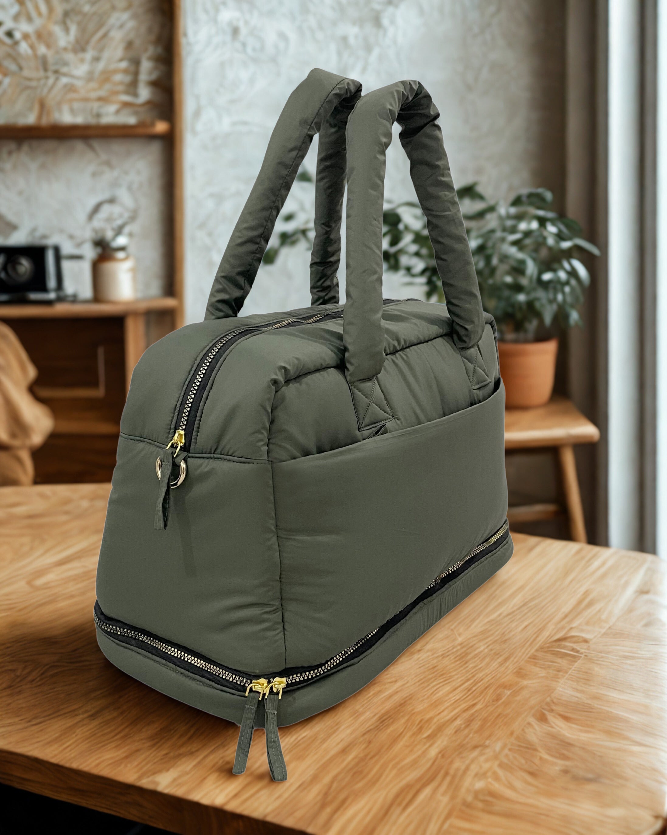 Puffer Overnighter Unisex Olive Duffel Bag