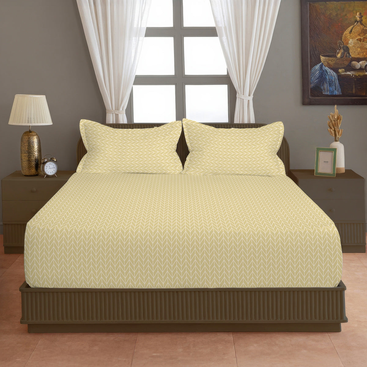 Vanilla Herringbone 180 TC Blended Cotton Bedsheet Set with Pillow Cover