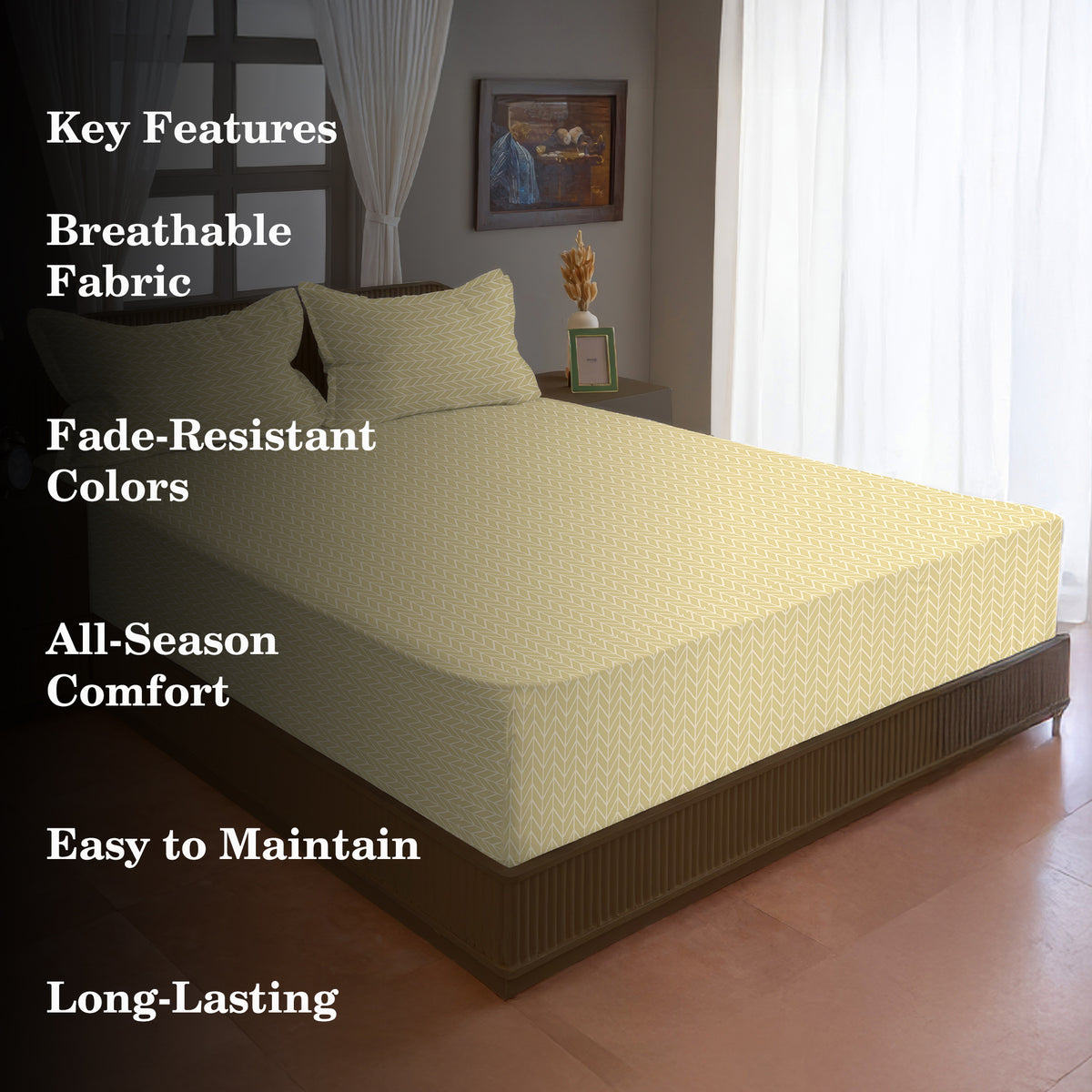 Vanilla Herringbone 180 TC Blended Cotton Bedsheet Set with Pillow Cover