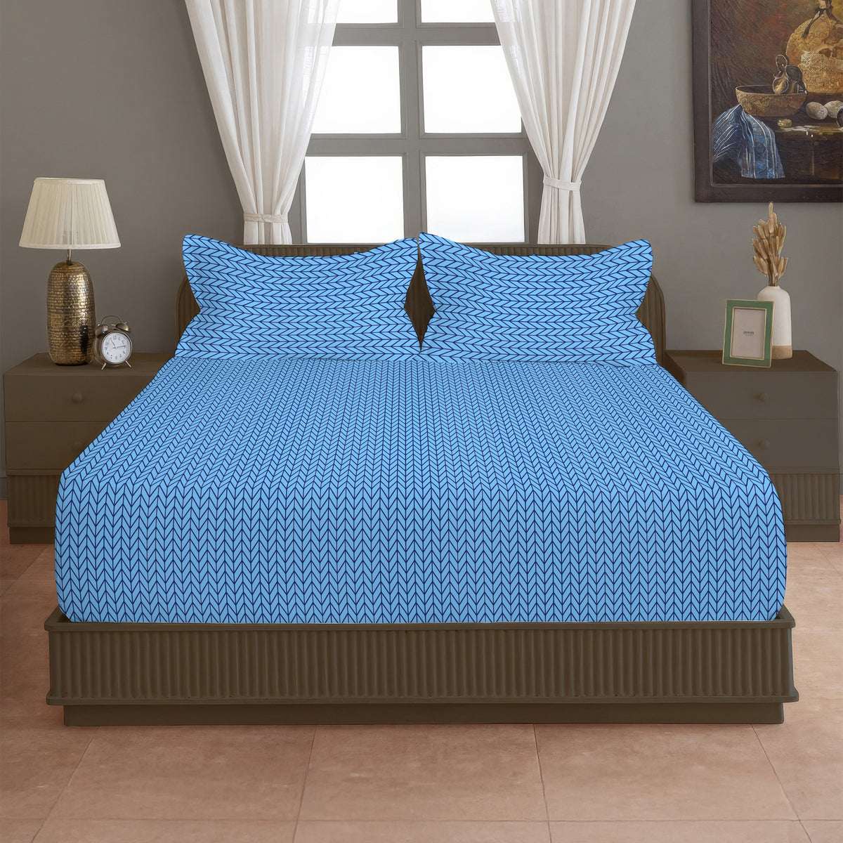 Cobalt Herringbone 180 TC Blended Cotton Bedsheet Set with Pillow Cover