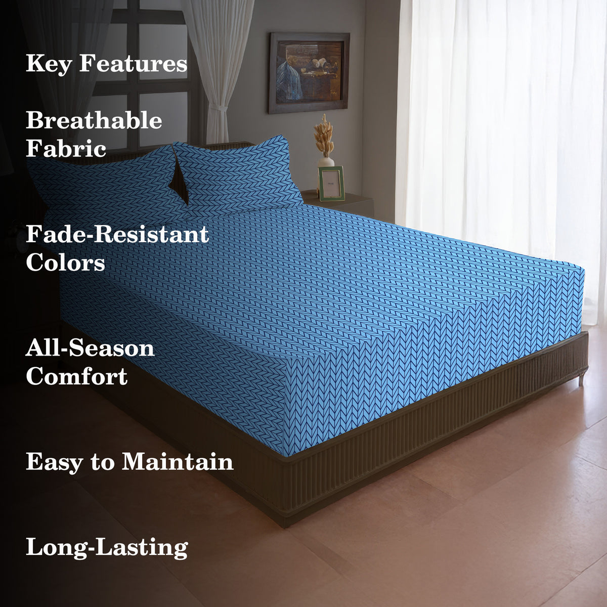 Cobalt Herringbone 180 TC Blended Cotton Bedsheet Set with Pillow Cover