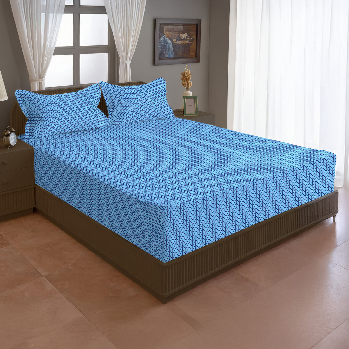 Cobalt Herringbone 180 TC Blended Cotton Bedsheet Set with Pillow Cover