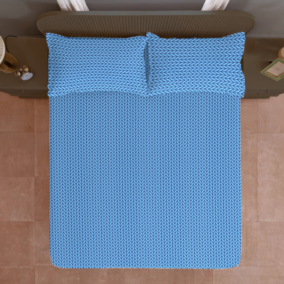 Cobalt Herringbone 180 TC Blended Cotton Bedsheet Set with Pillow Cover