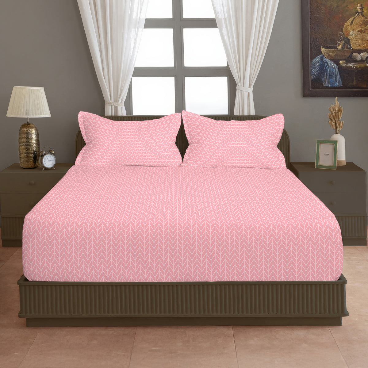 Blush Herringbone 180 TC Blended Cotton Bedsheet Set with Pillow Cover