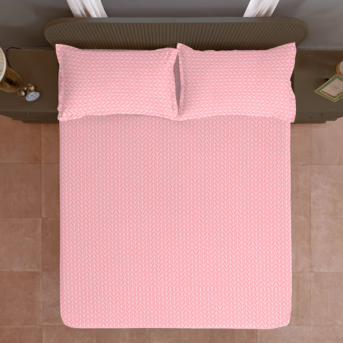 Blush Herringbone 180 TC Blended Cotton Bedsheet Set with Pillow Cover