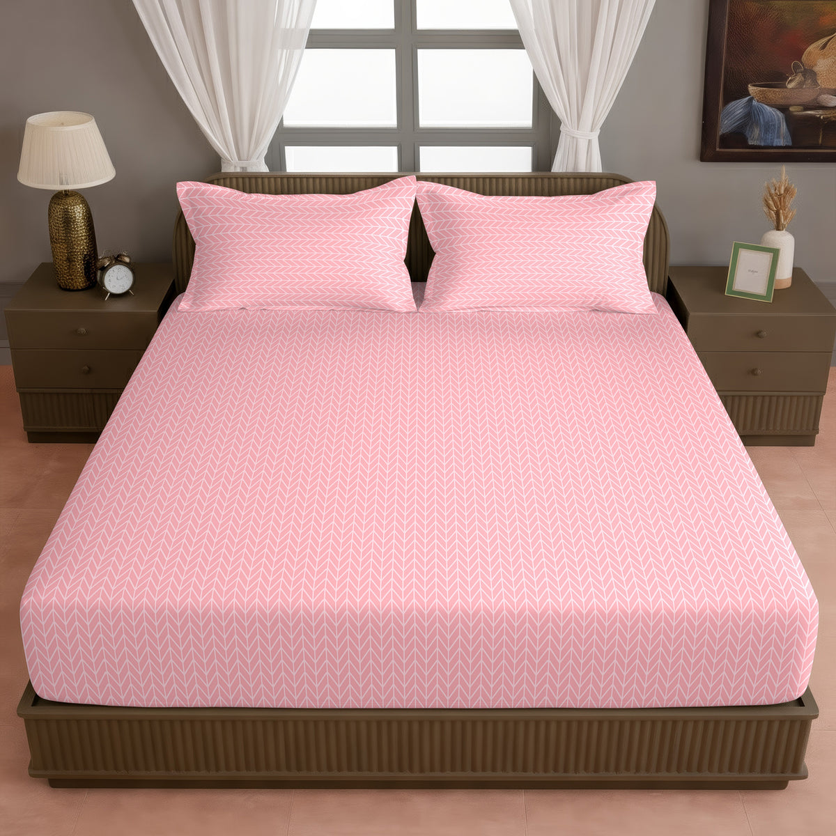 Blush Herringbone 180 TC Blended Cotton Bedsheet Set with Pillow Cover