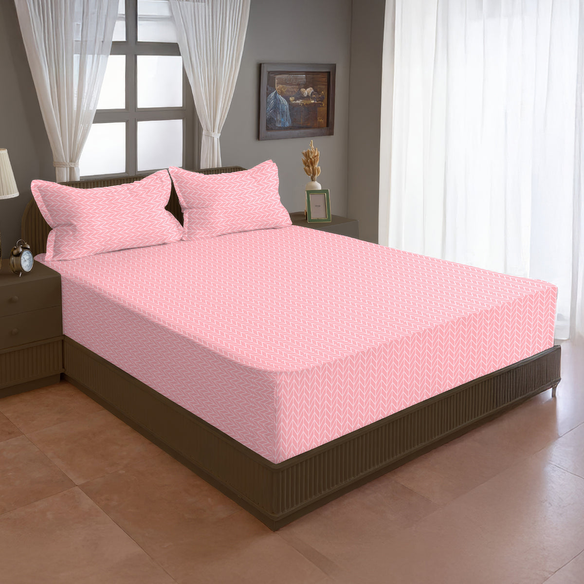 Blush Herringbone 180 TC Blended Cotton Bedsheet Set with Pillow Cover