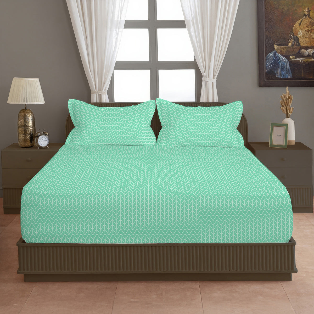 Mint Herringbone 180 TC Blended Cotton Bedsheet Set with Pillow Cover