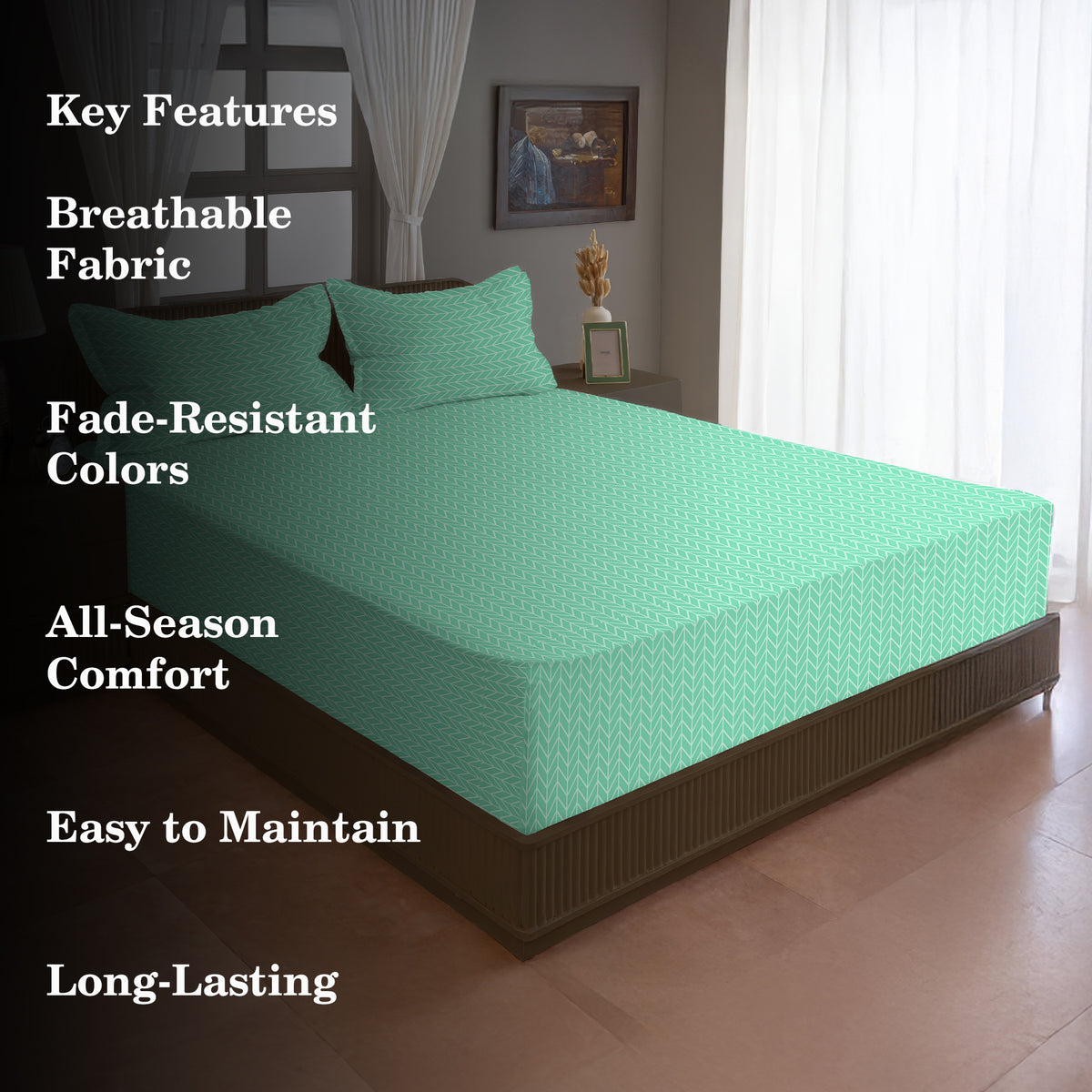 Mint Herringbone 180 TC Blended Cotton Bedsheet Set with Pillow Cover