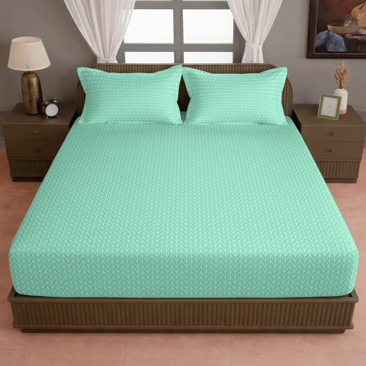 Mint Herringbone 180 TC Blended Cotton Bedsheet Set with Pillow Cover
