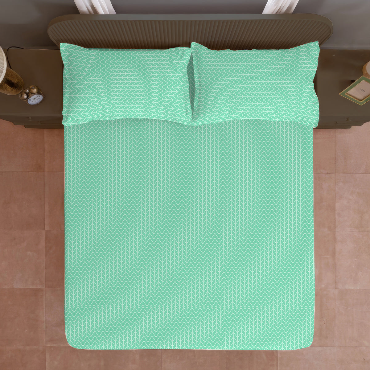 Mint Herringbone 180 TC Blended Cotton Bedsheet Set with Pillow Cover