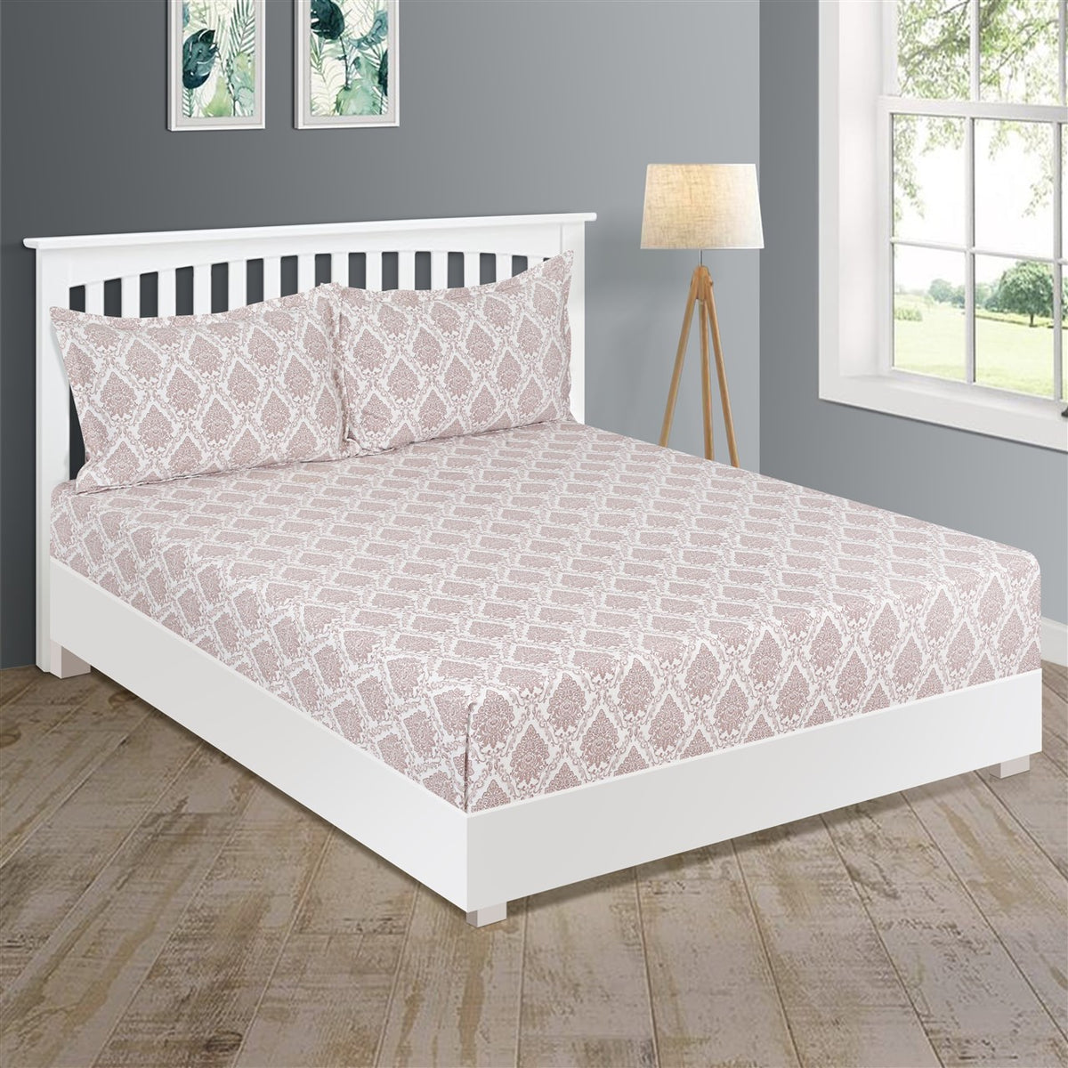 Ivory Blush Damask Elegance 200 TC Pure Cotton Bedsheet Set with Pillow Cover