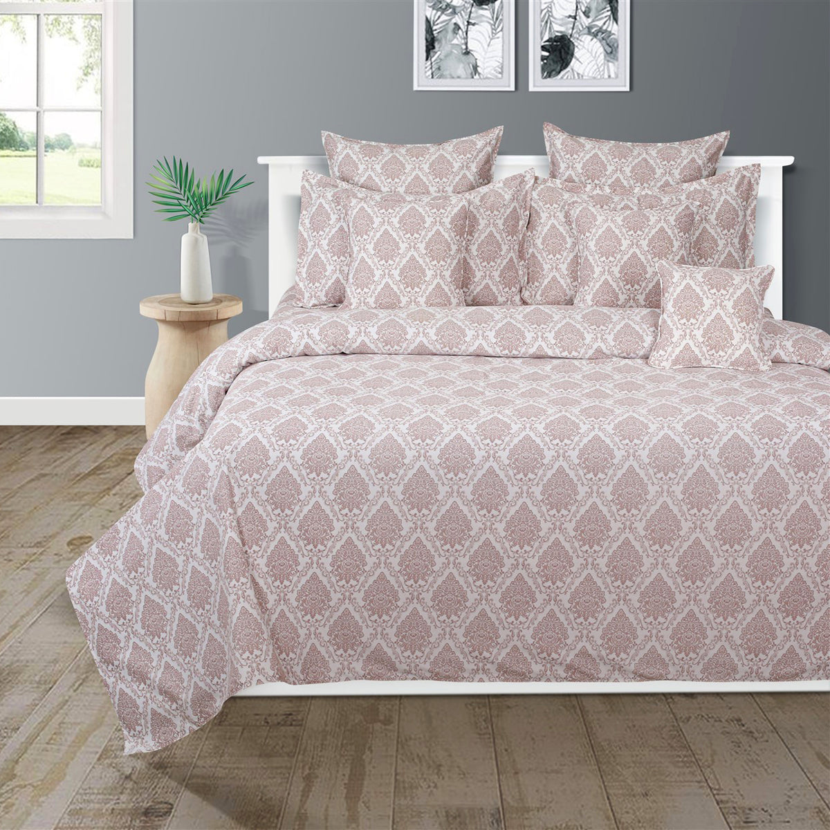 Ivory Blush Damask Elegance 200 TC Pure Cotton Bedsheet Set with Pillow Cover