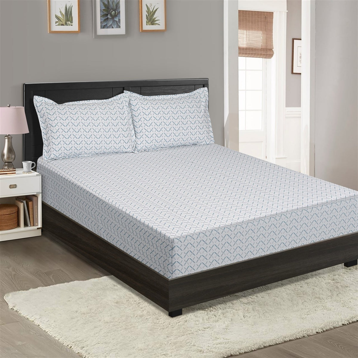 Frost Blue Lattice 200 TC Pure Cotton Bedsheet Set with Pillow Cover
