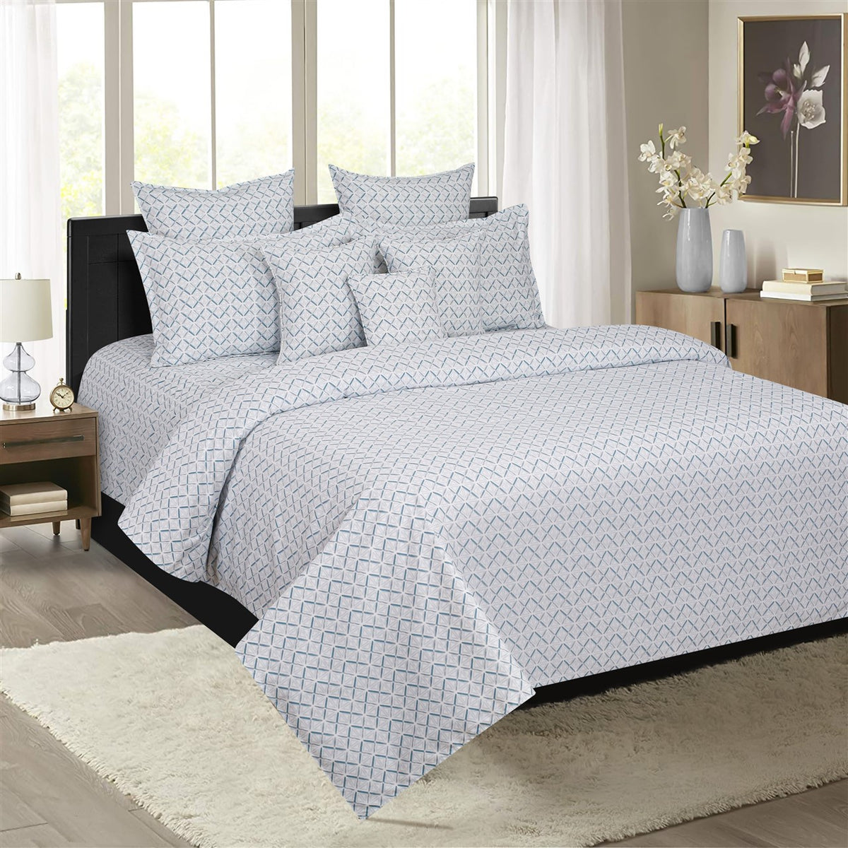 Frost Blue Lattice 200 TC Pure Cotton Bedsheet Set with Pillow Cover