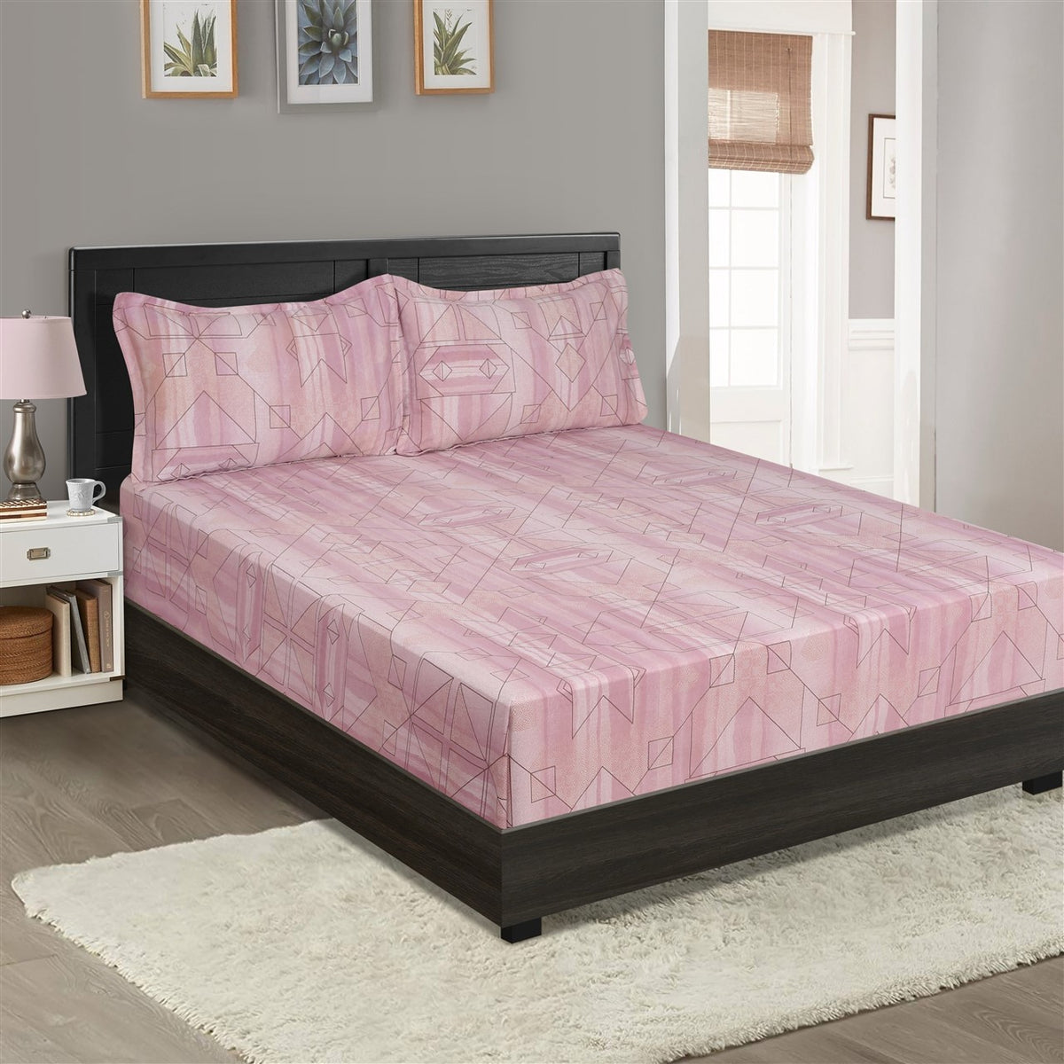 Blush Linear Abstract 200 TC Pure Cotton Bedsheet Set with Pillow Cover