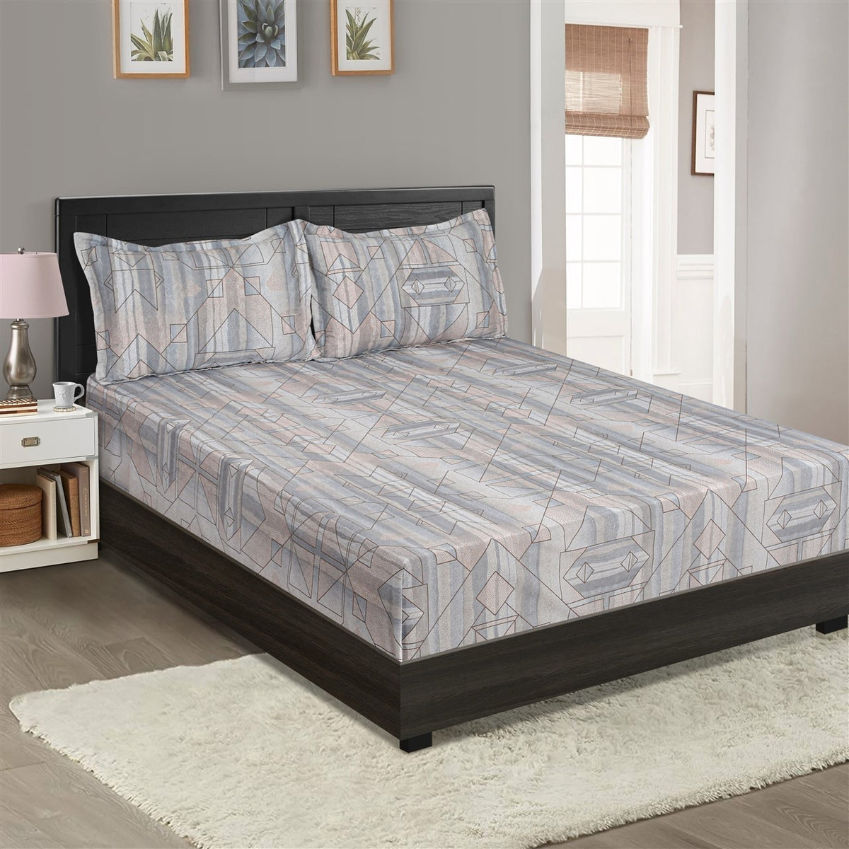 Silver Blush Geometric Harmony 200 TC Pure Cotton Bedsheet Set with Pillow Cover
