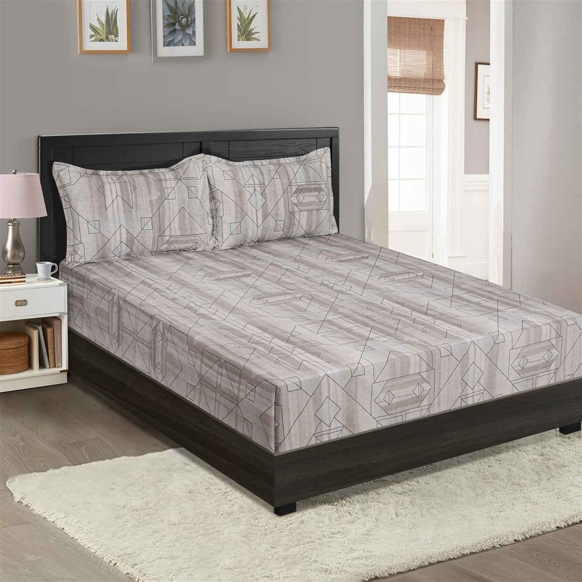 Mist Grey Linear Abstract 200 TC Pure Cotton Bedsheet Set with Pillow Cover