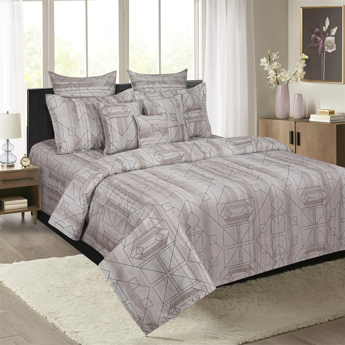 Mist Grey Linear Abstract 200 TC Pure Cotton Bedsheet Set with Pillow Cover