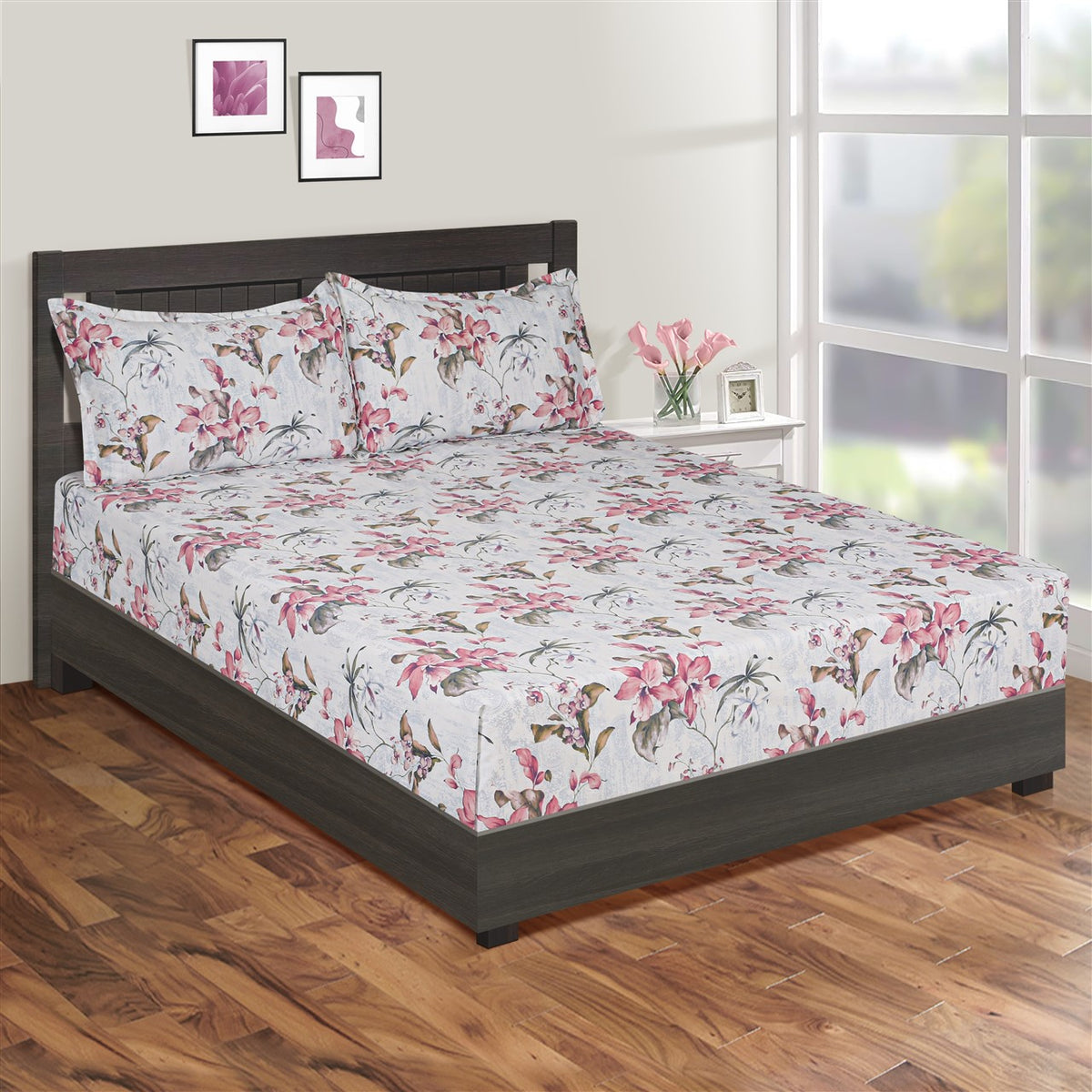 Blush Lily Garden 200 TC Pure Cotton Bedsheet Set with Pillow Cover