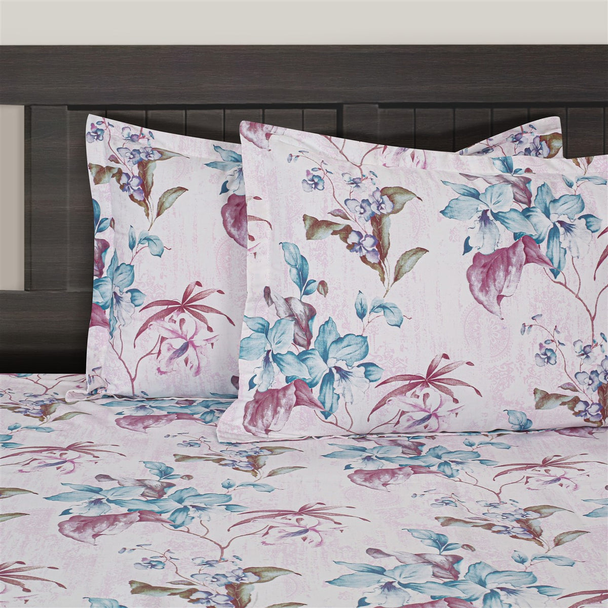 Aqua Orchid Garden 200 TC Pure Cotton Bedsheet Set with Pillow Cover