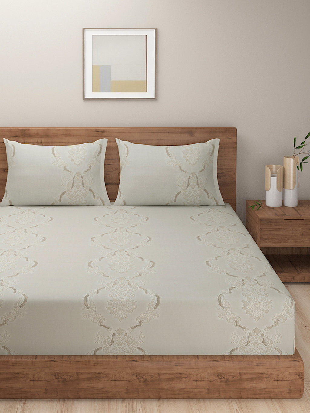 Ivory Champagne Damask 200 TC Pure Cotton Bedsheet Set with Pillow Cover