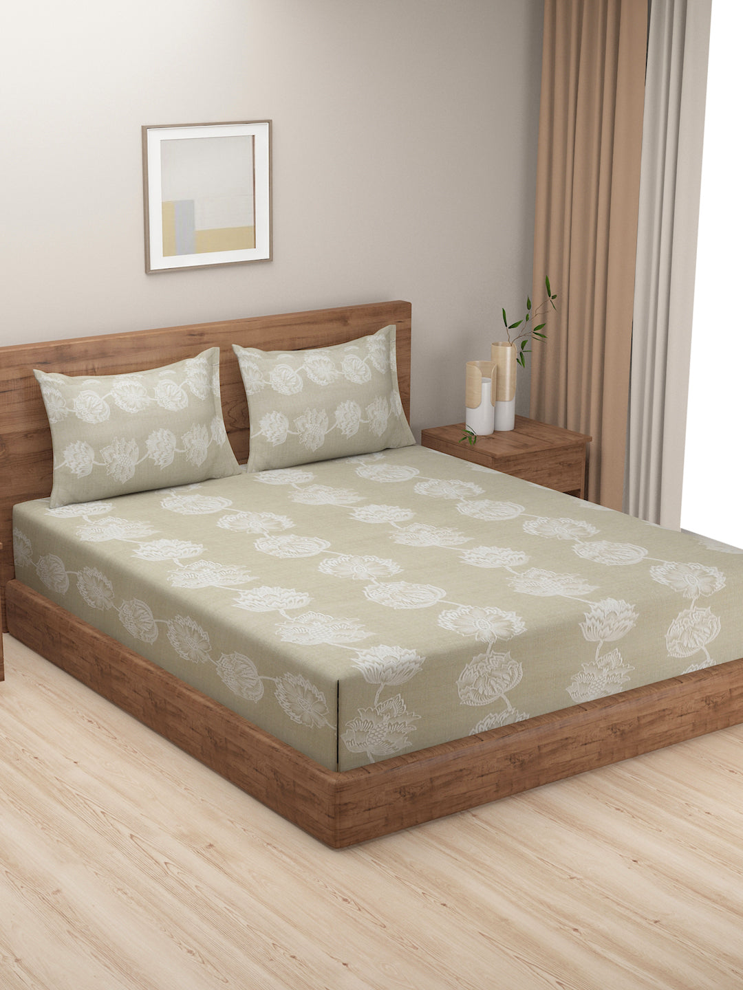Sage Lotus Bloom 200 TC Pure Cotton Bedsheet Set with Pillow Cover