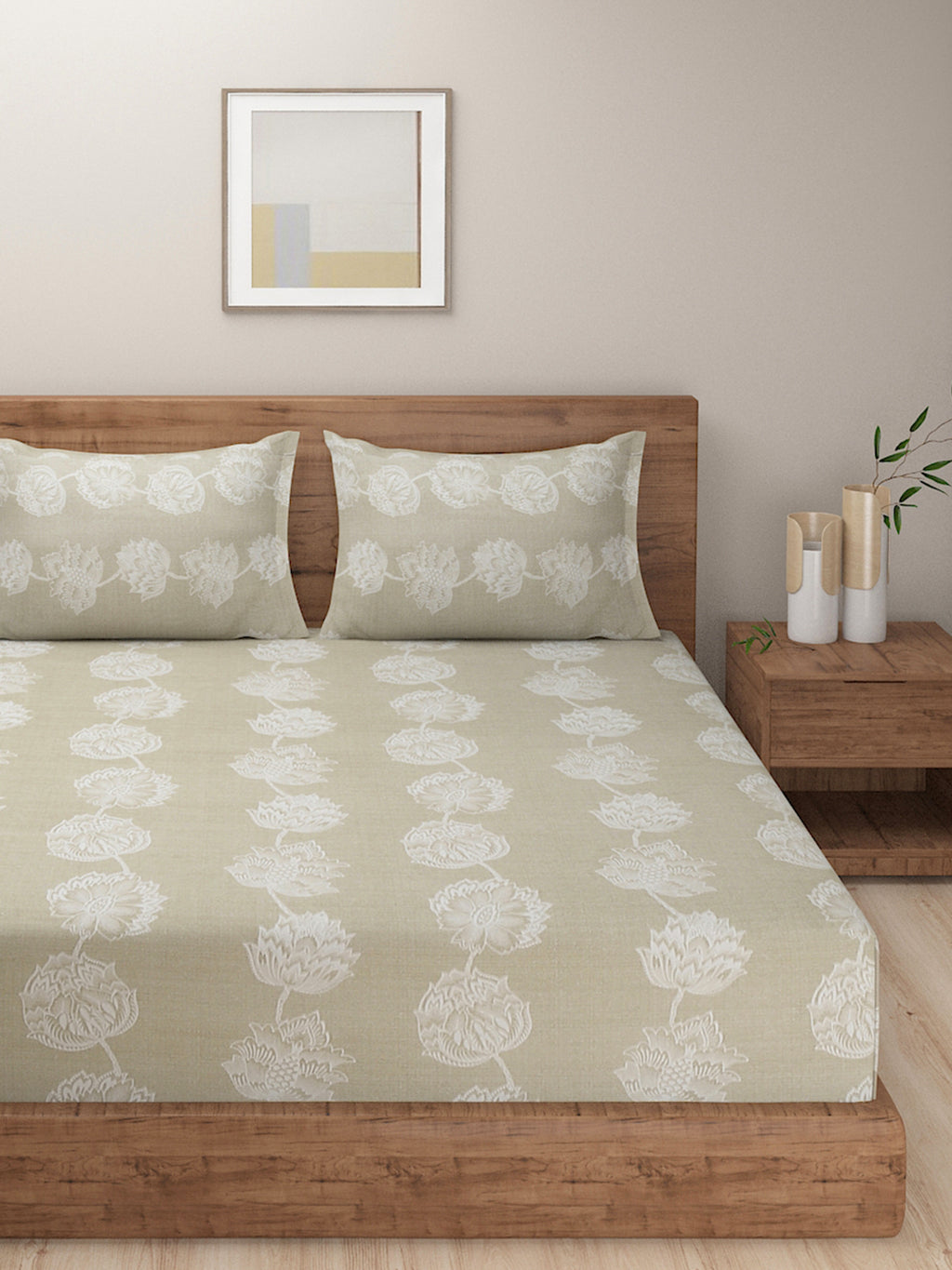 Sage Lotus Bloom 200 TC Pure Cotton Bedsheet Set with Pillow Cover