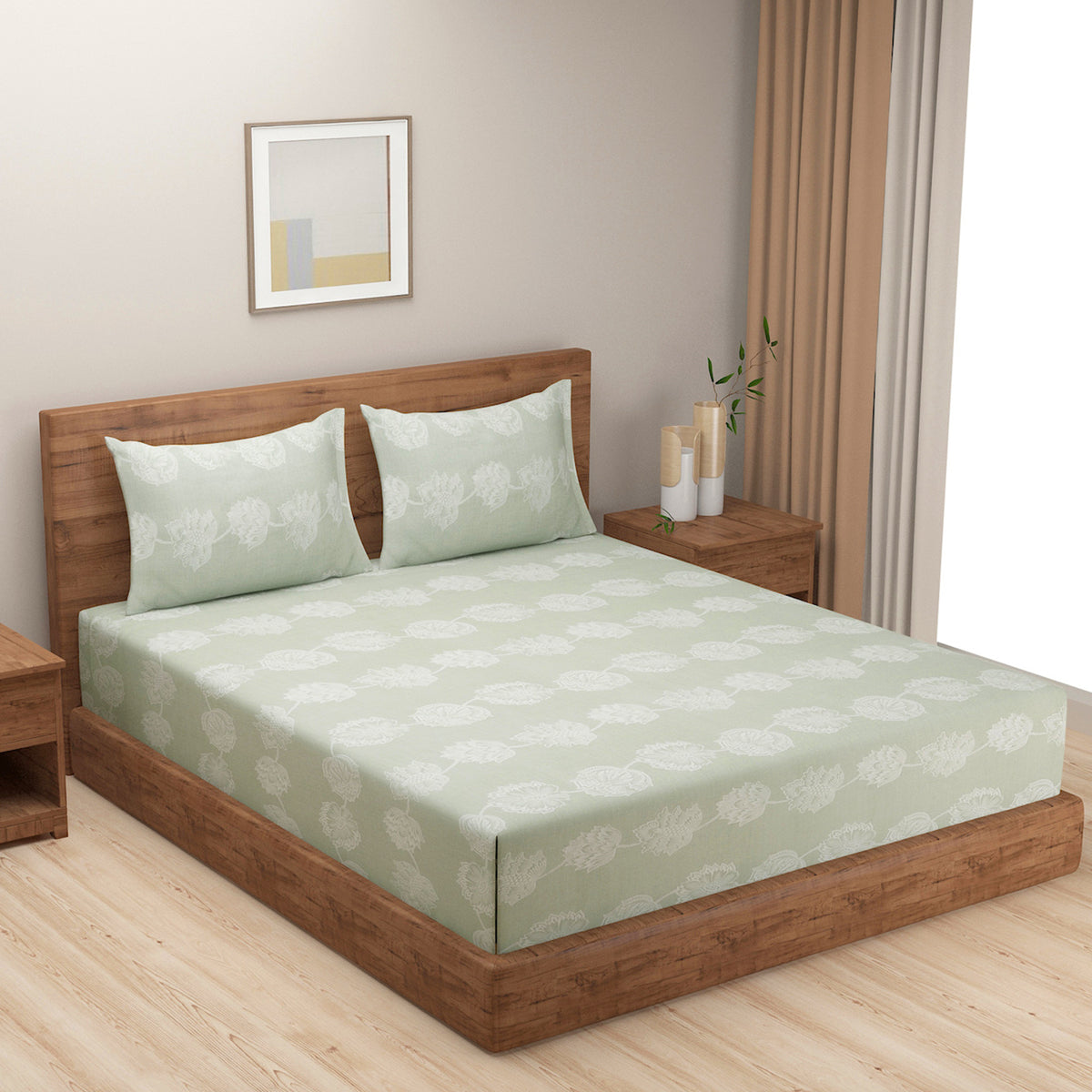 Mint Lotus Bloom 200 TC Pure Cotton Bedsheet Set with Pillow Cover