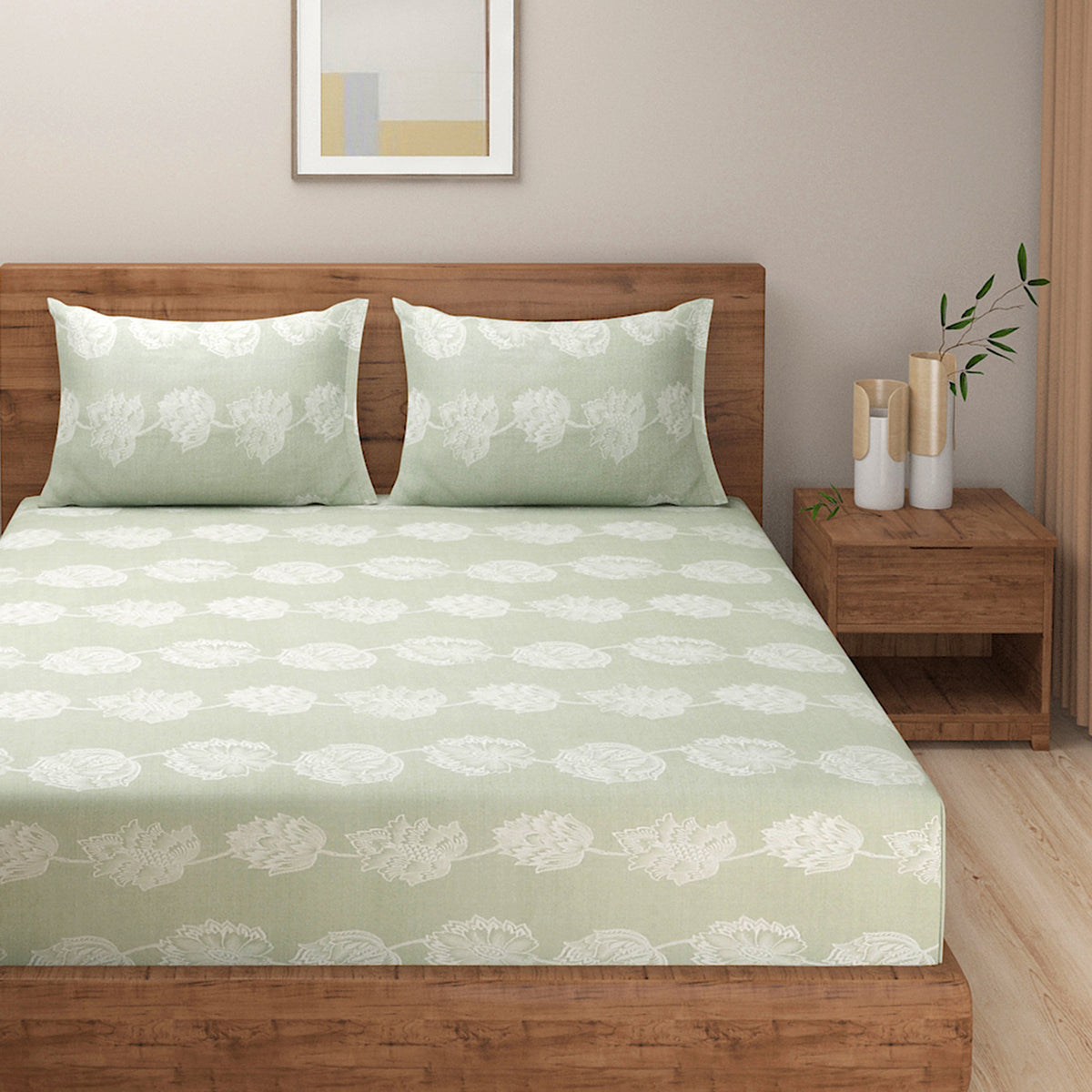 Mint Lotus Bloom 200 TC Pure Cotton Bedsheet Set with Pillow Cover