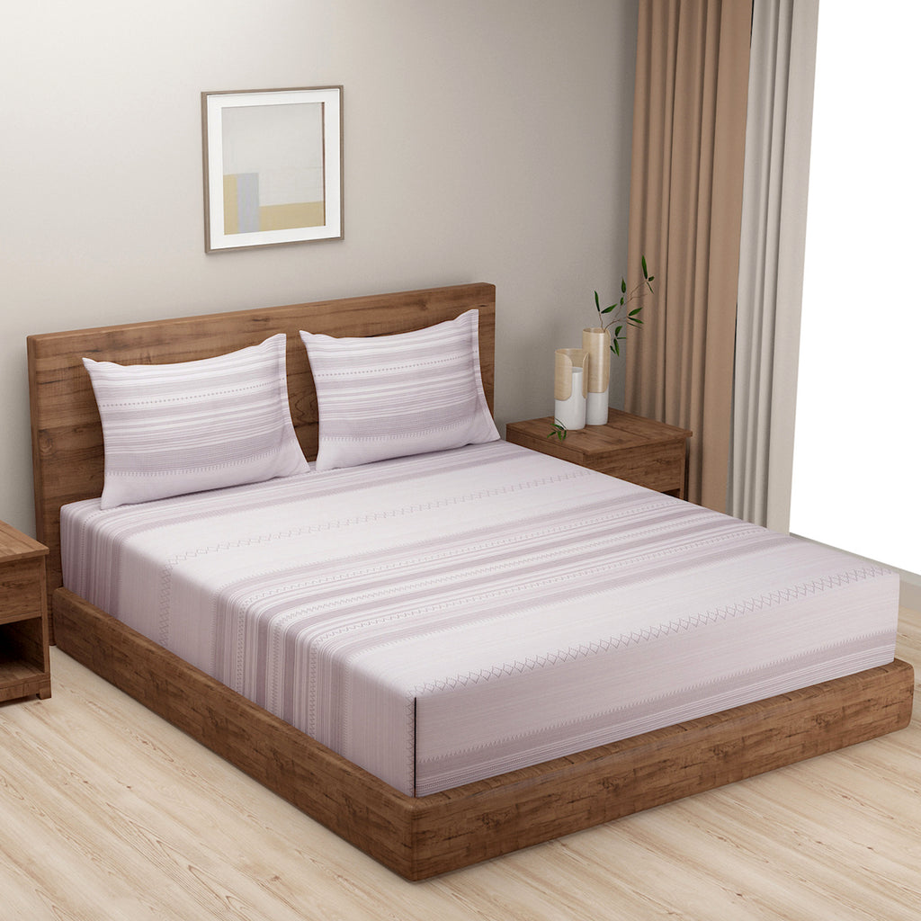 Lilac Whisper Stripe 200 TC Pure Cotton Bedsheet Set with Pillow Cover