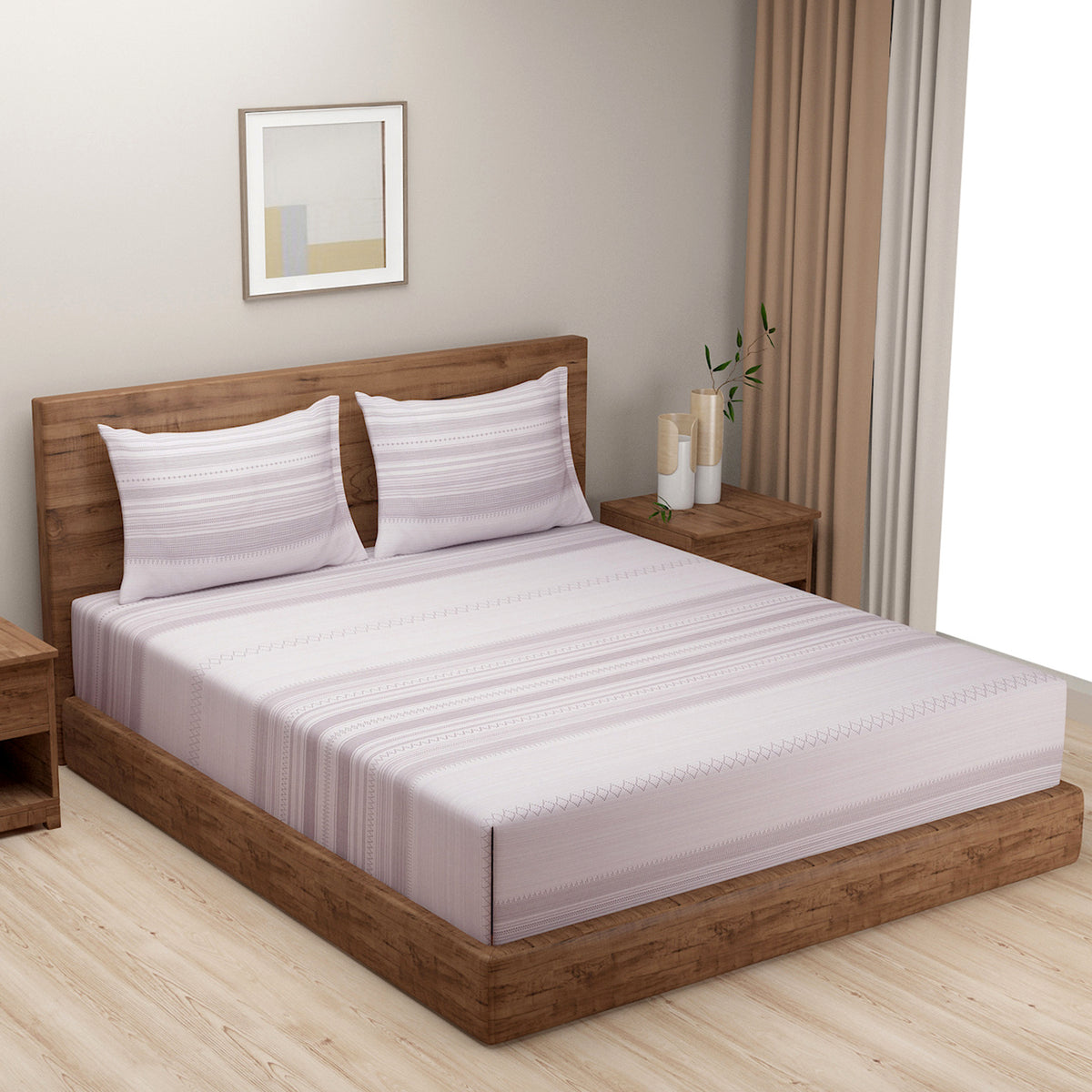 Lilac Whisper Stripe 200 TC Pure Cotton Bedsheet Set with Pillow Cover