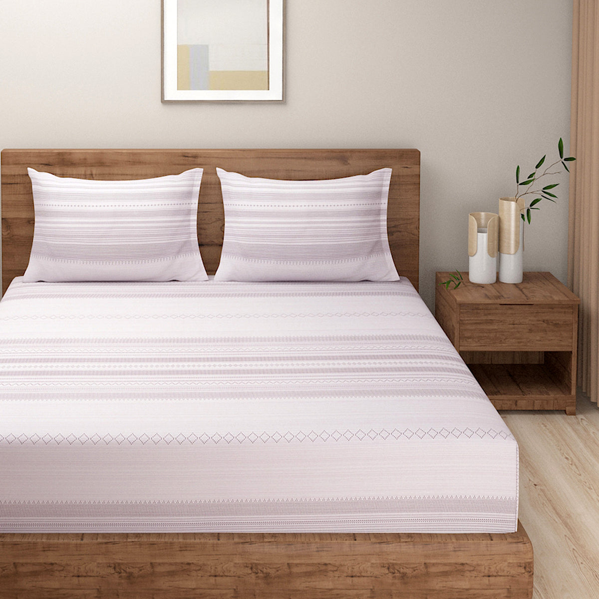 Lilac Whisper Stripe 200 TC Pure Cotton Bedsheet Set with Pillow Cover