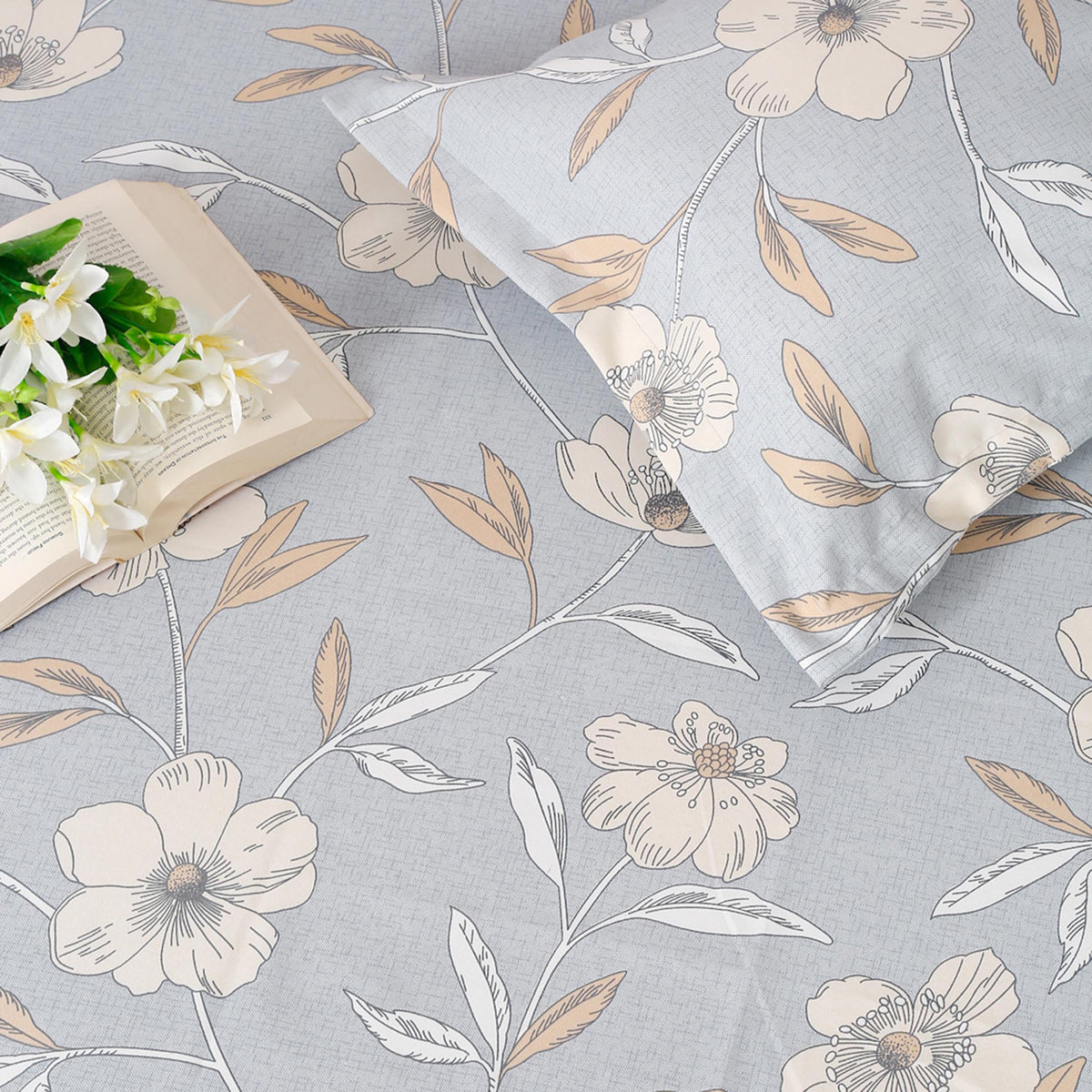 Silver Magnolia 200 TC Pure Cotton Bedsheet Set with Pillow Cover