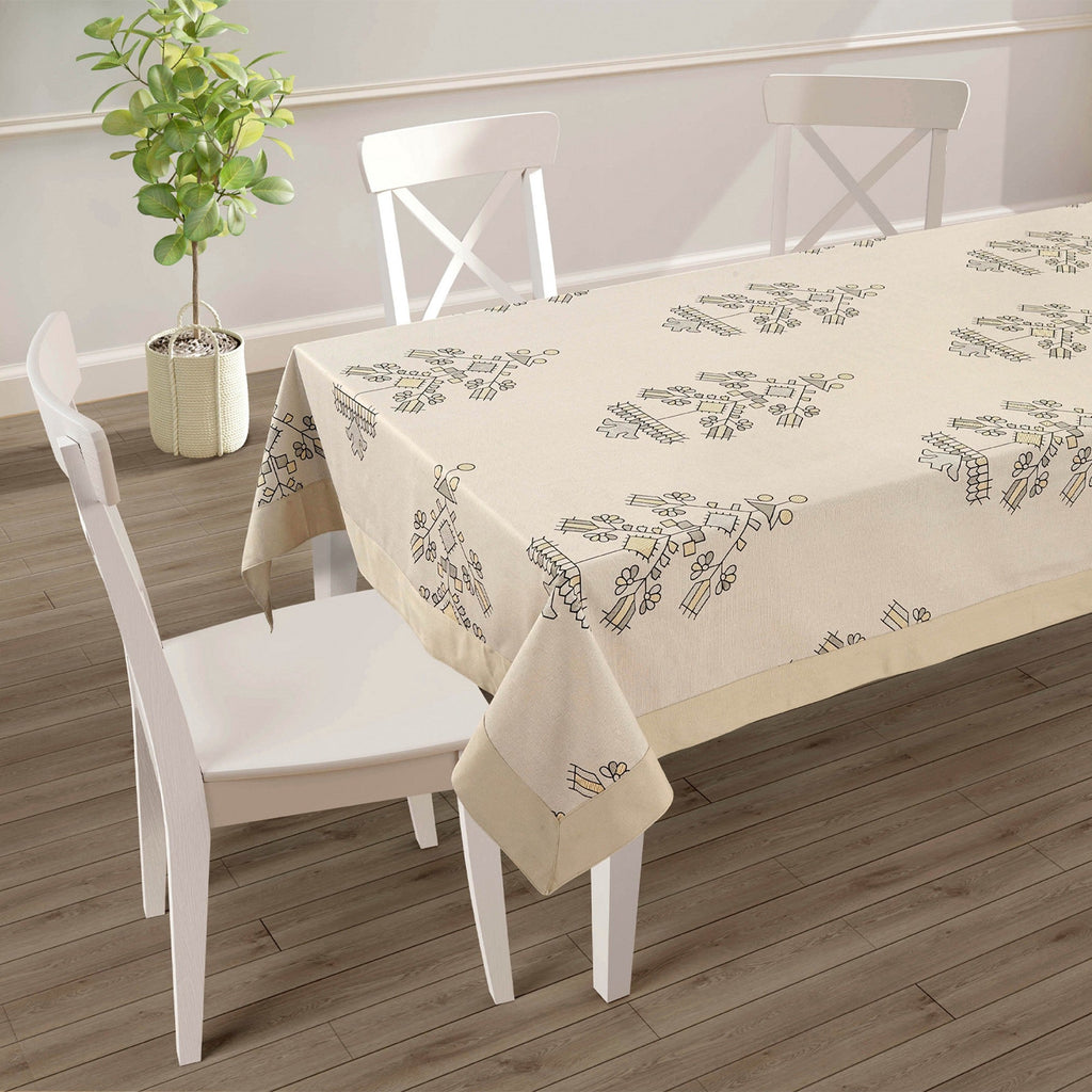 Premium Cotton Abstract Beige & Black Square 4 Seater Table Cover