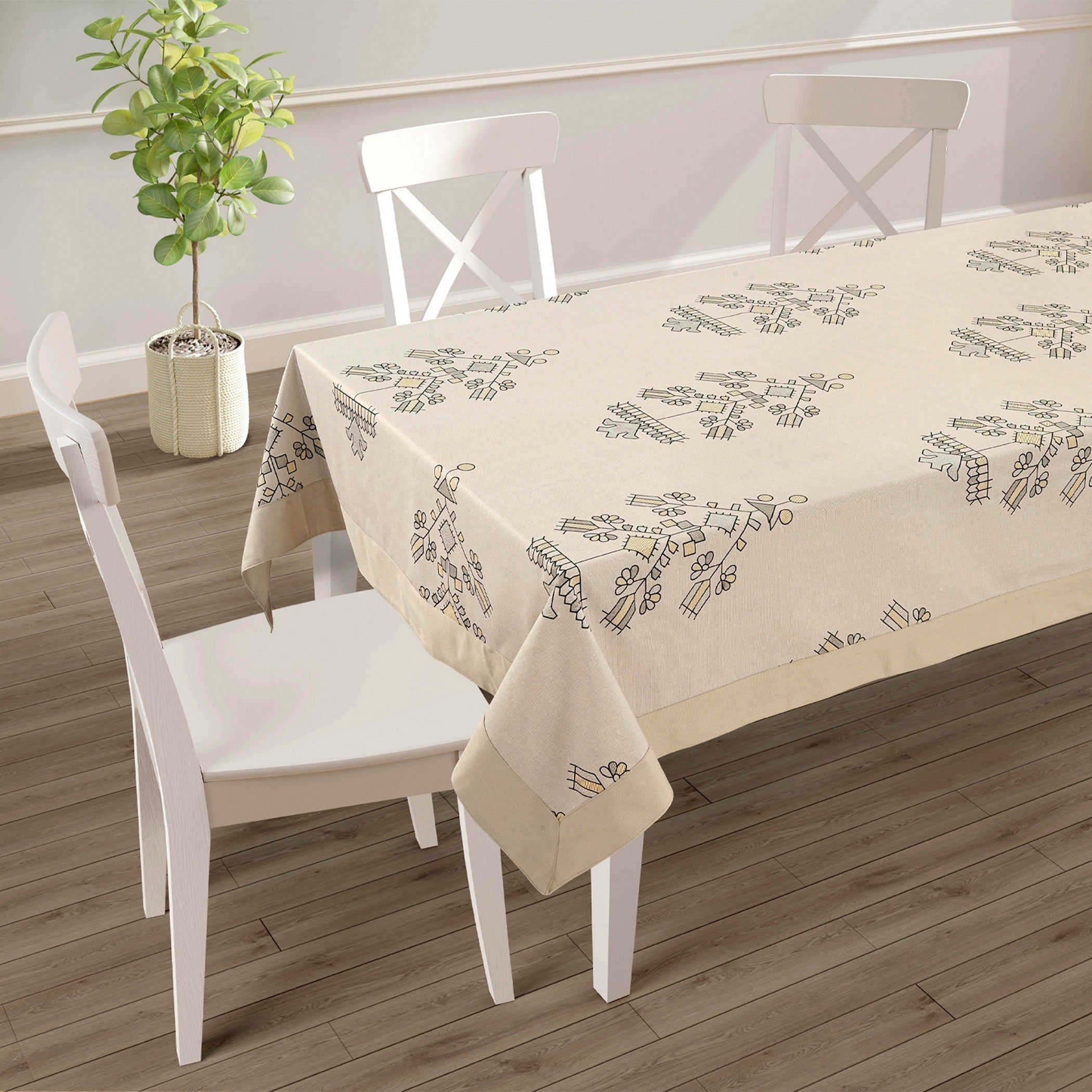 Premium Cotton Abstract Beige & Black Square 4 Seater Table Cover