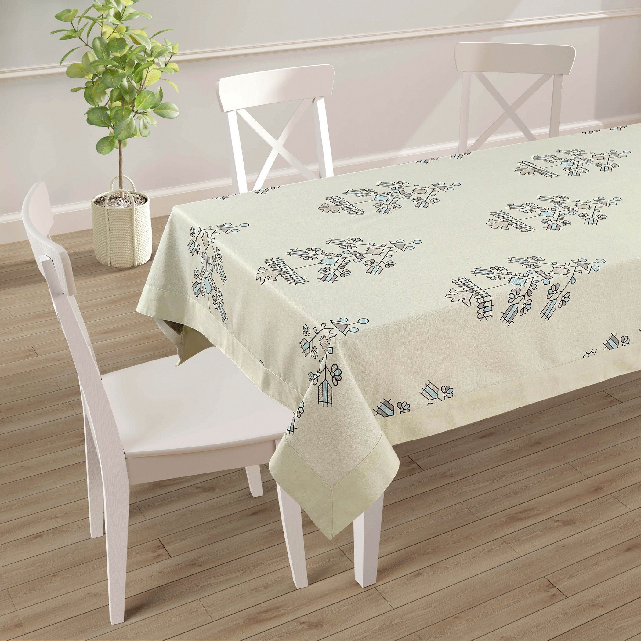 Premium Cotton Abstract Beige & Blue Square 4 Seater Table Cover
